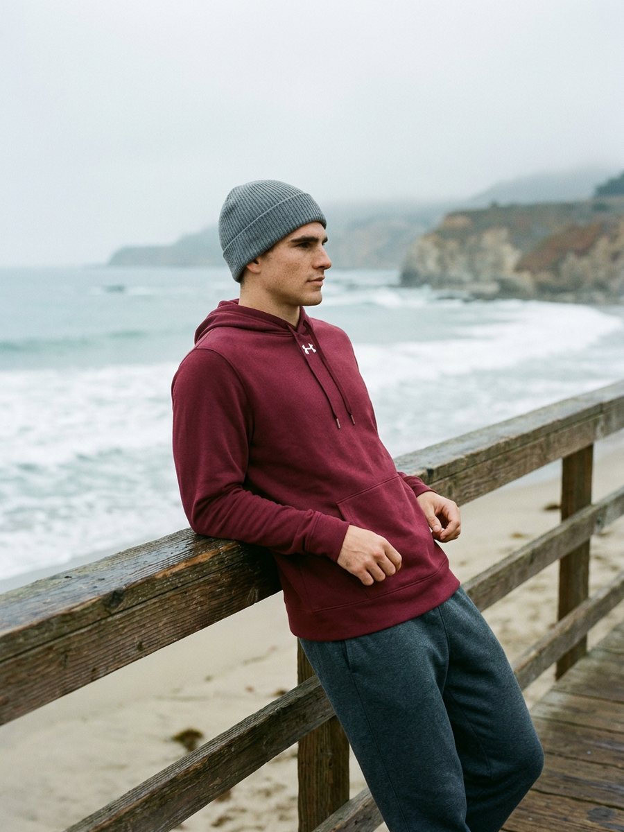 Man in a crew neck sweater leaning on a pier railing