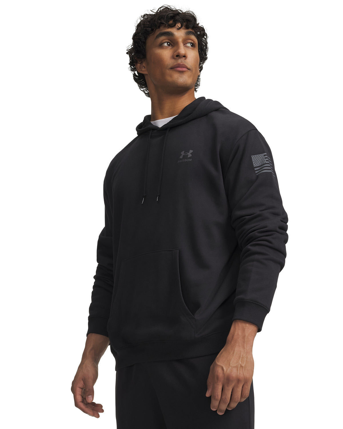 Under Armour Freedom Flag Men's Pullover Hoodie - Black / Castlerock - on model, front