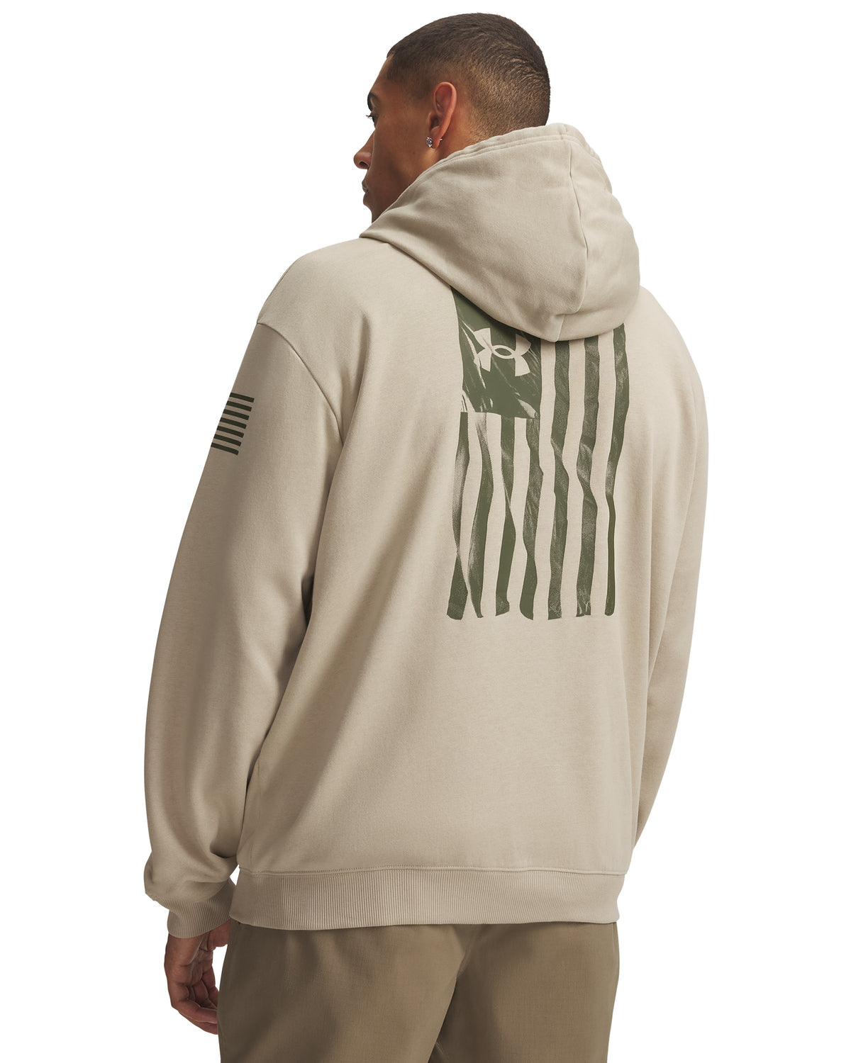 Under Armour Freedom Flag Men's Pullover Hoodie - Desert Sand / Marine OD Green - on model, back