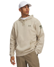 Under Armour Freedom Flag Men's Pullover Hoodie - Desert Sand / Marine OD Green - on model, front