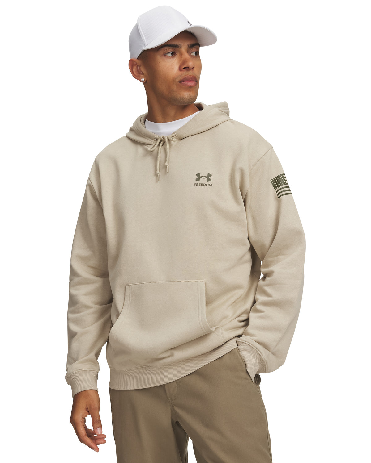 Under Armour Freedom Flag Men's Pullover Hoodie - Desert Sand / Marine OD Green - on model, front