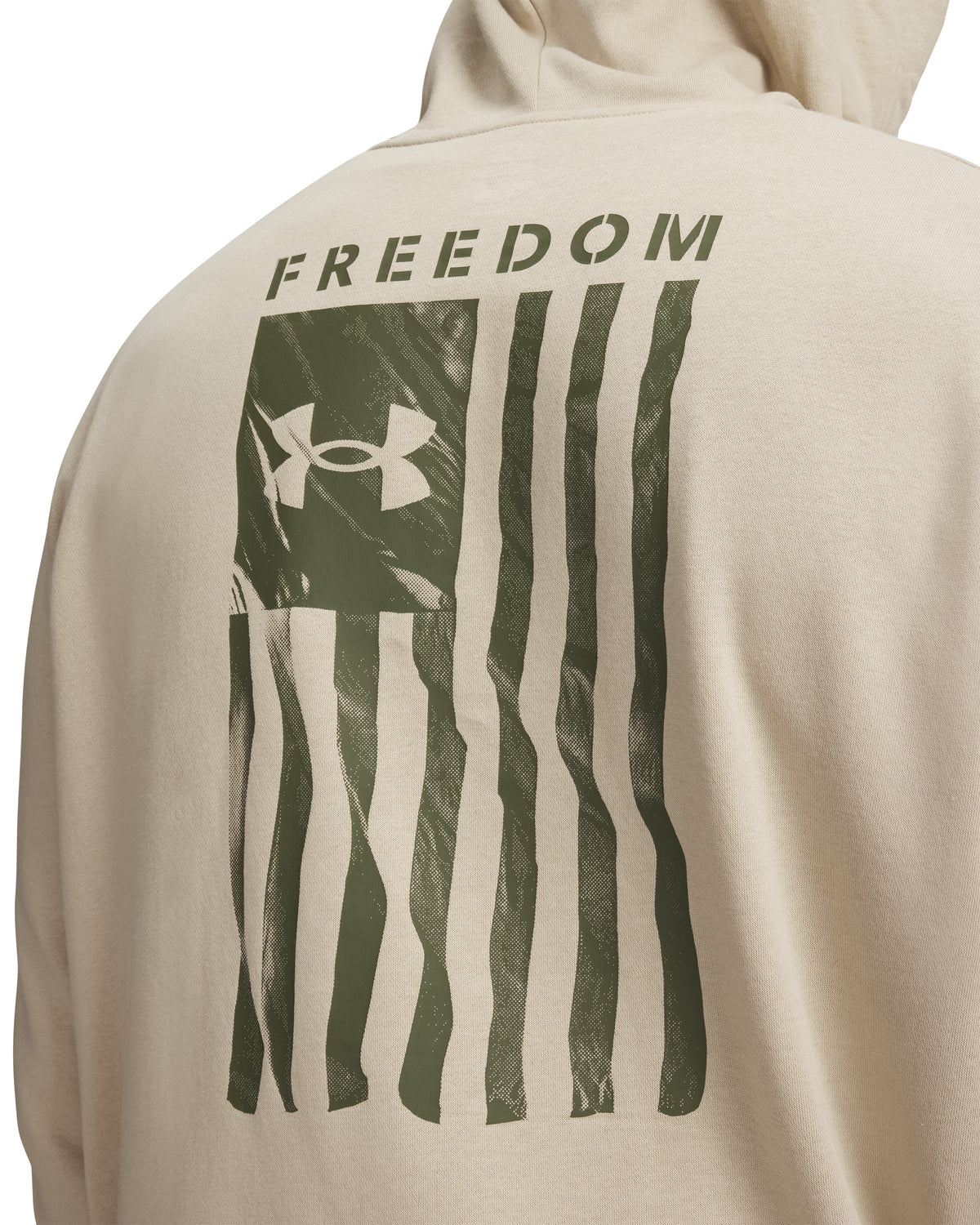 Under Armour Freedom Flag Men's Pullover Hoodie - Desert Sand / Marine OD Green - back graphic detail