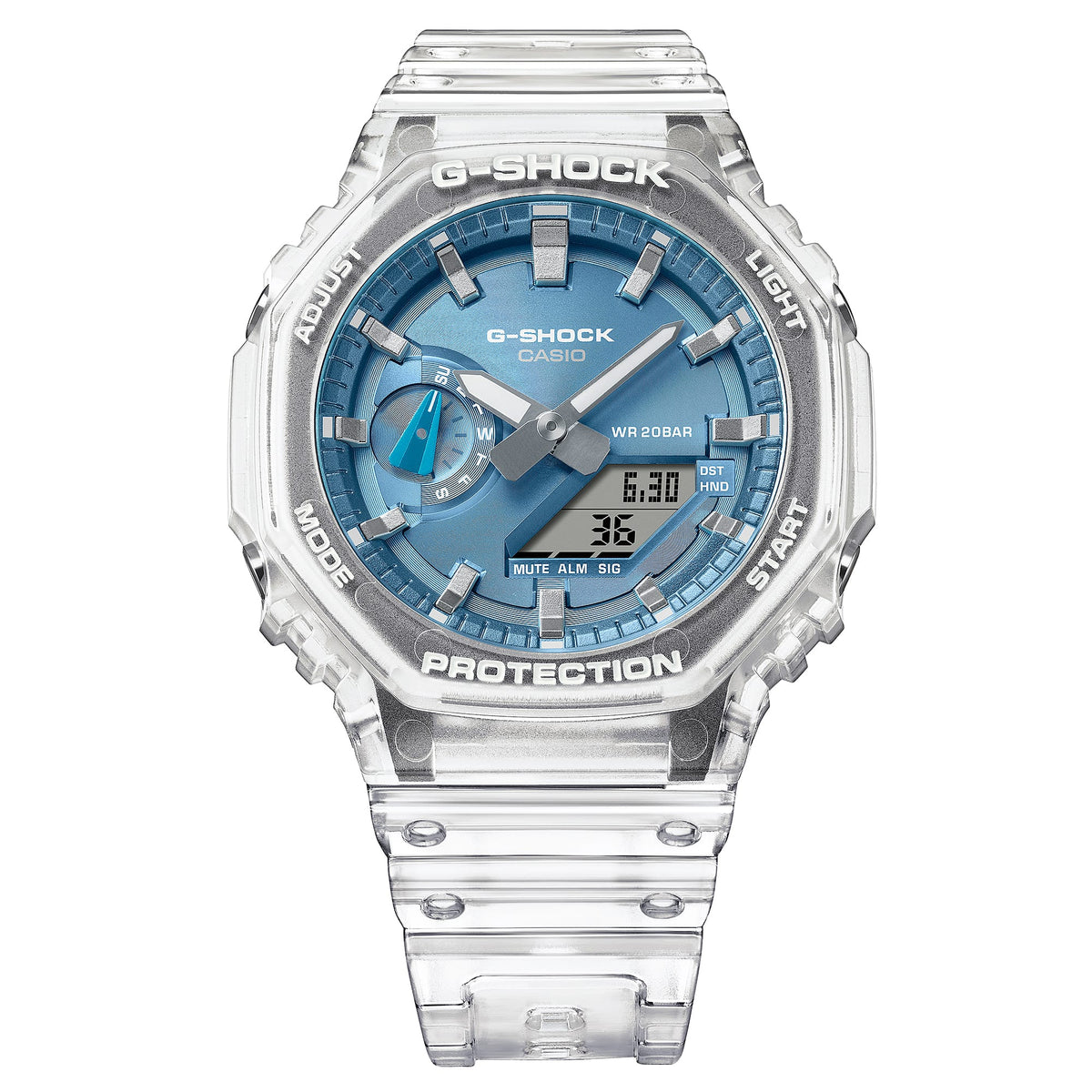 Casio G-Shock GA2100BM-7A2 Analog-Digital Watch - Sky Blue / Clear - angled view