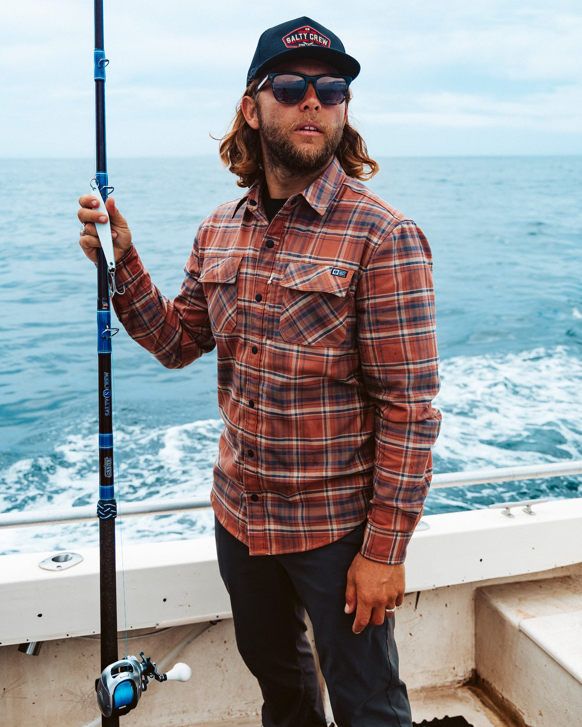 Salty Crew Fathom Tech Flannel - Russet – worn on a boat
