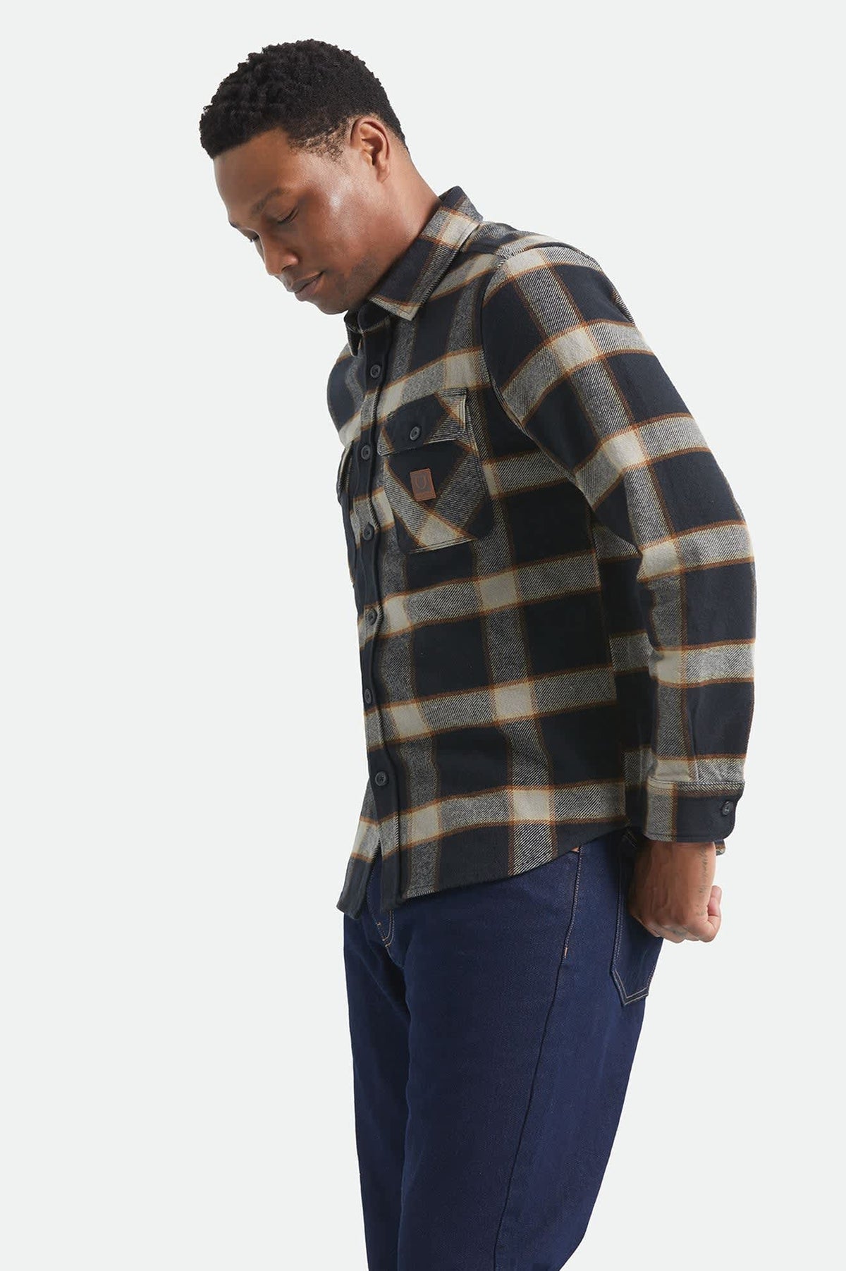 Brixton Bowery Flannel Button Down Shirt - Black / Cream - on model, three-quarter