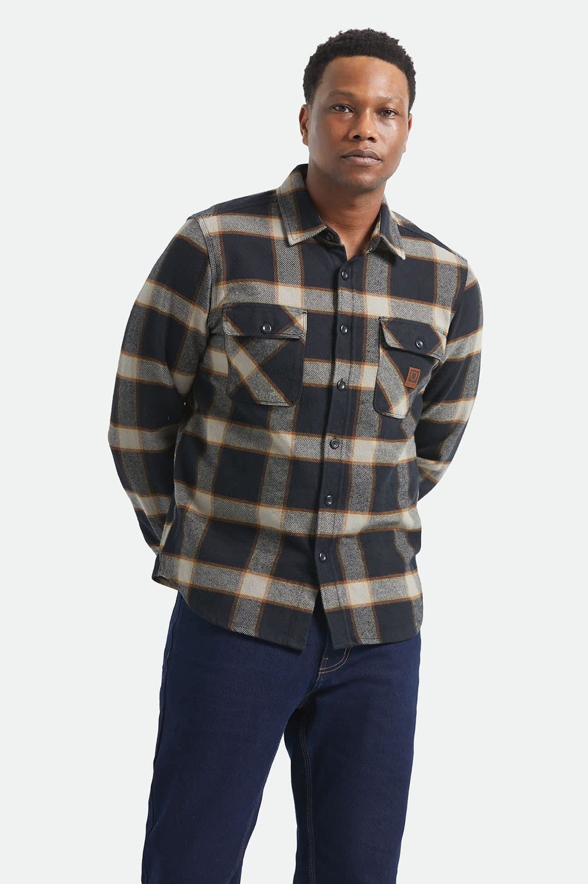 Brixton Bowery Flannel Button Down Shirt - Black / Cream - on model, front