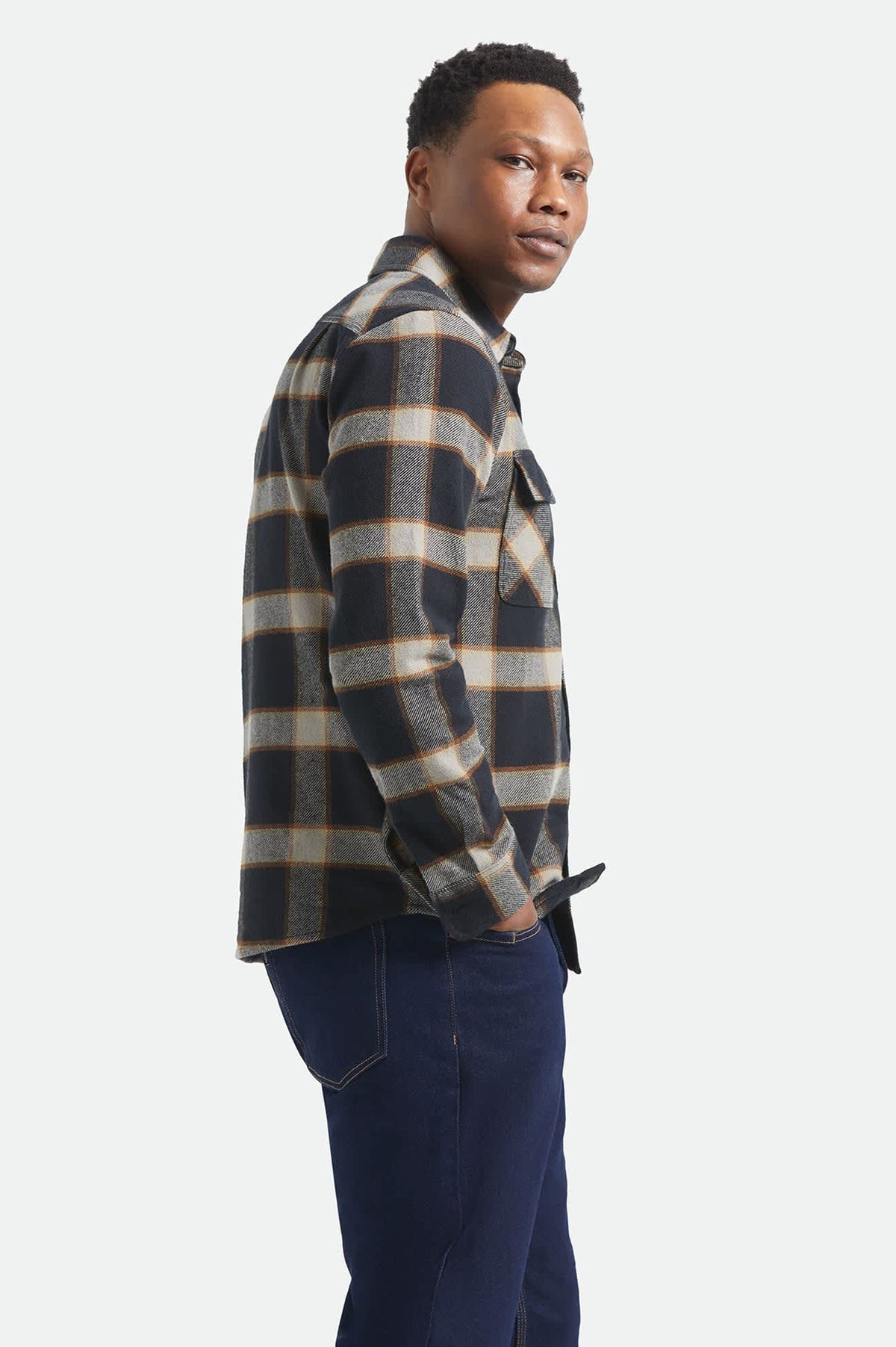 Brixton Bowery Flannel Button Down Shirt - Black / Cream - on model, side