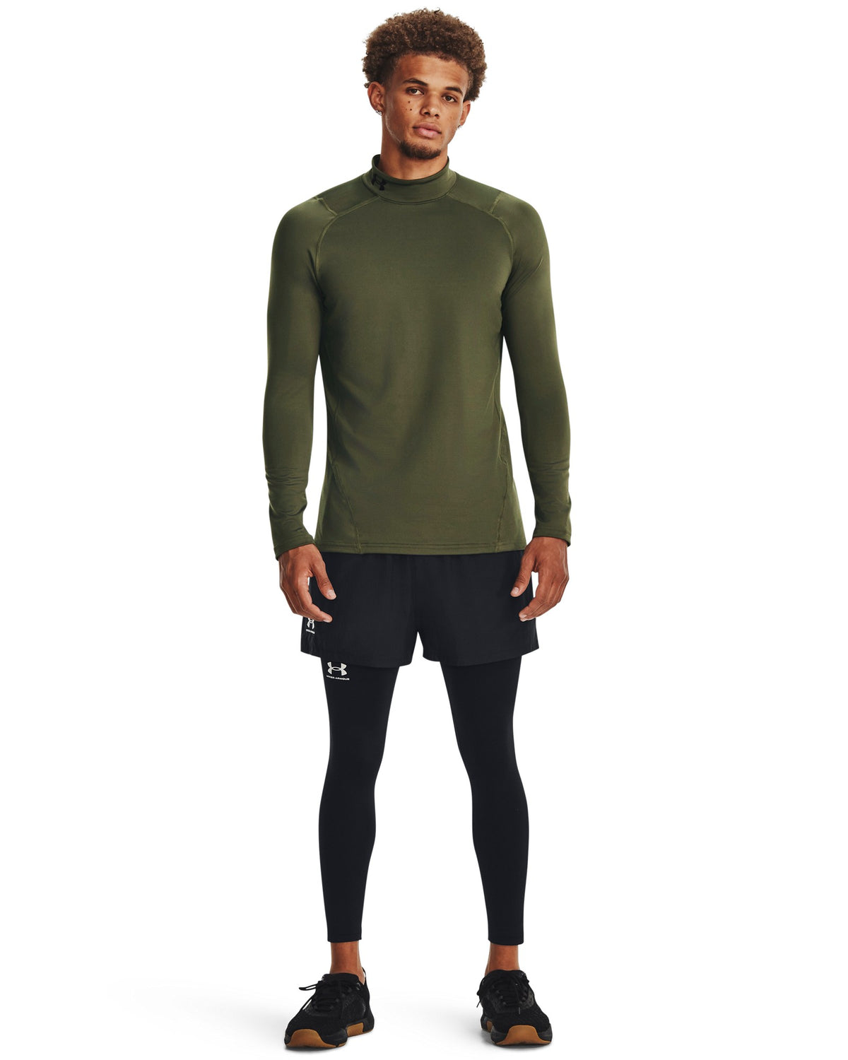 Under Armour Cold Gear Fitted Mock Neck - Marine OD Green / Black – on model, full length