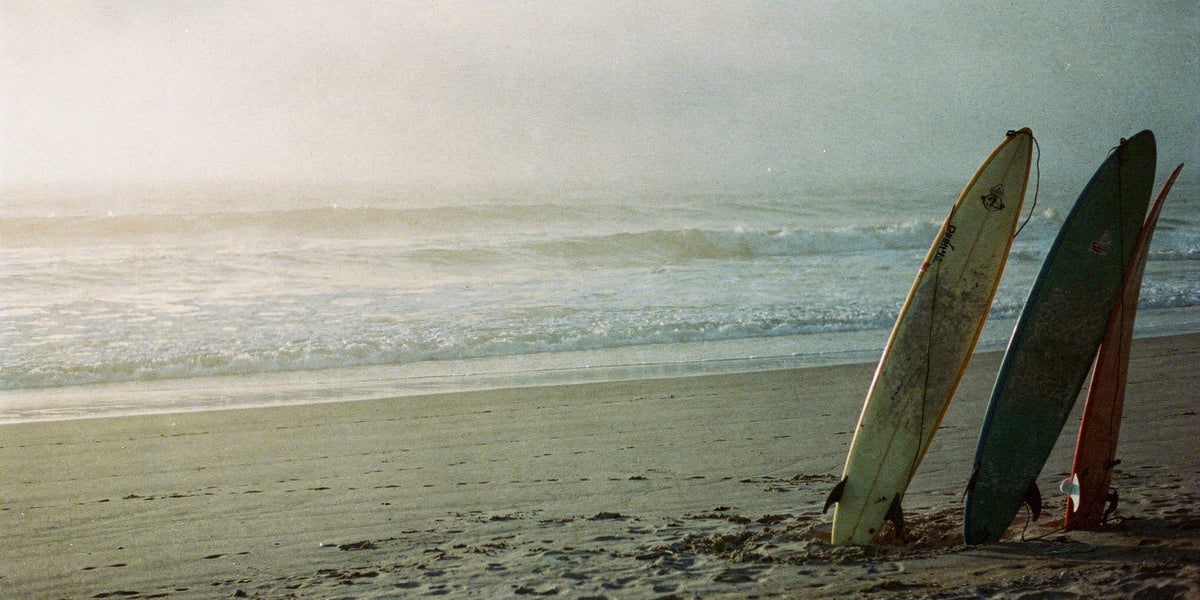 Surfboards standing in the sand on a misty beach