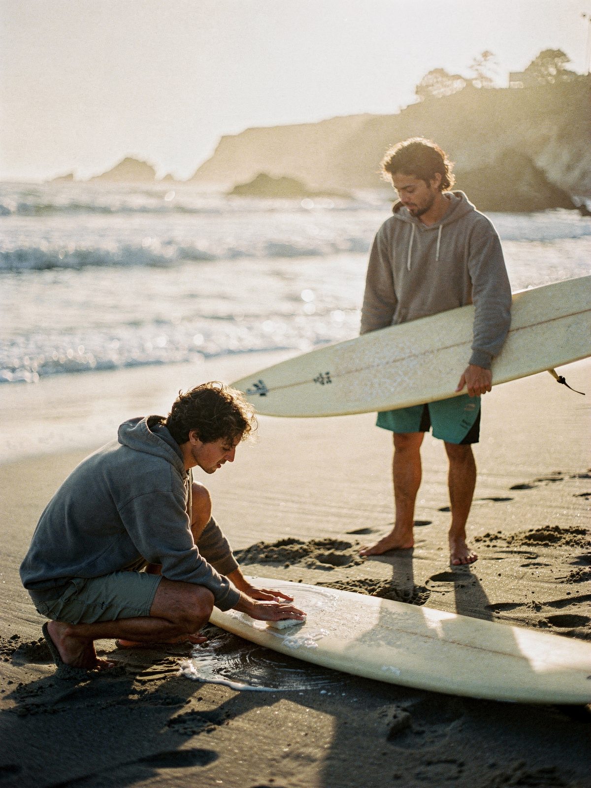 Two friends waxing surfboards on the sand at golden hour