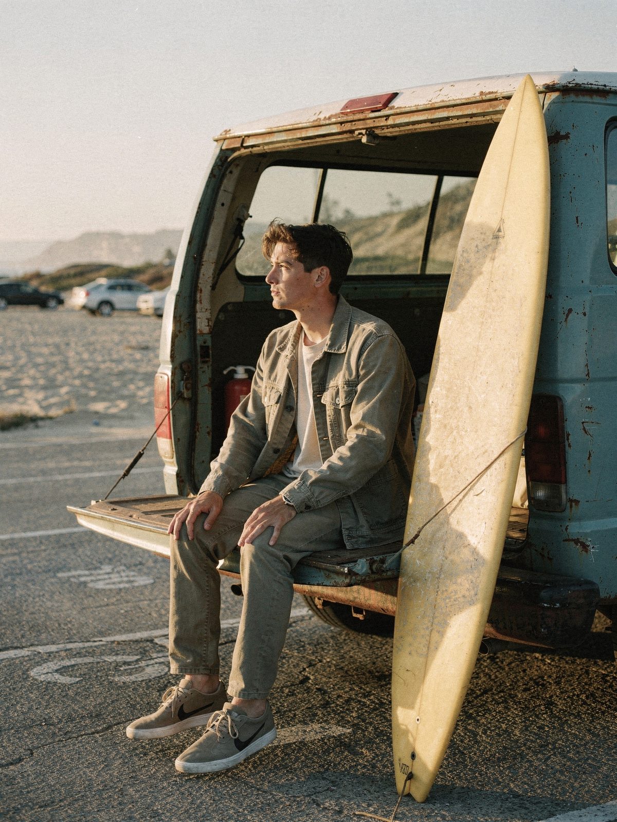 Man sitting on a van tailgate beside a surfboard in a beach parking lot