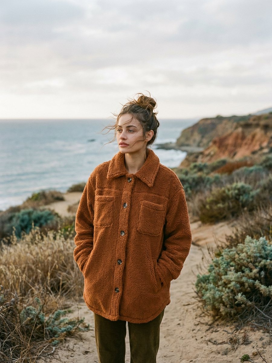 Woman in a high-pile fleece jacket on a coastal path