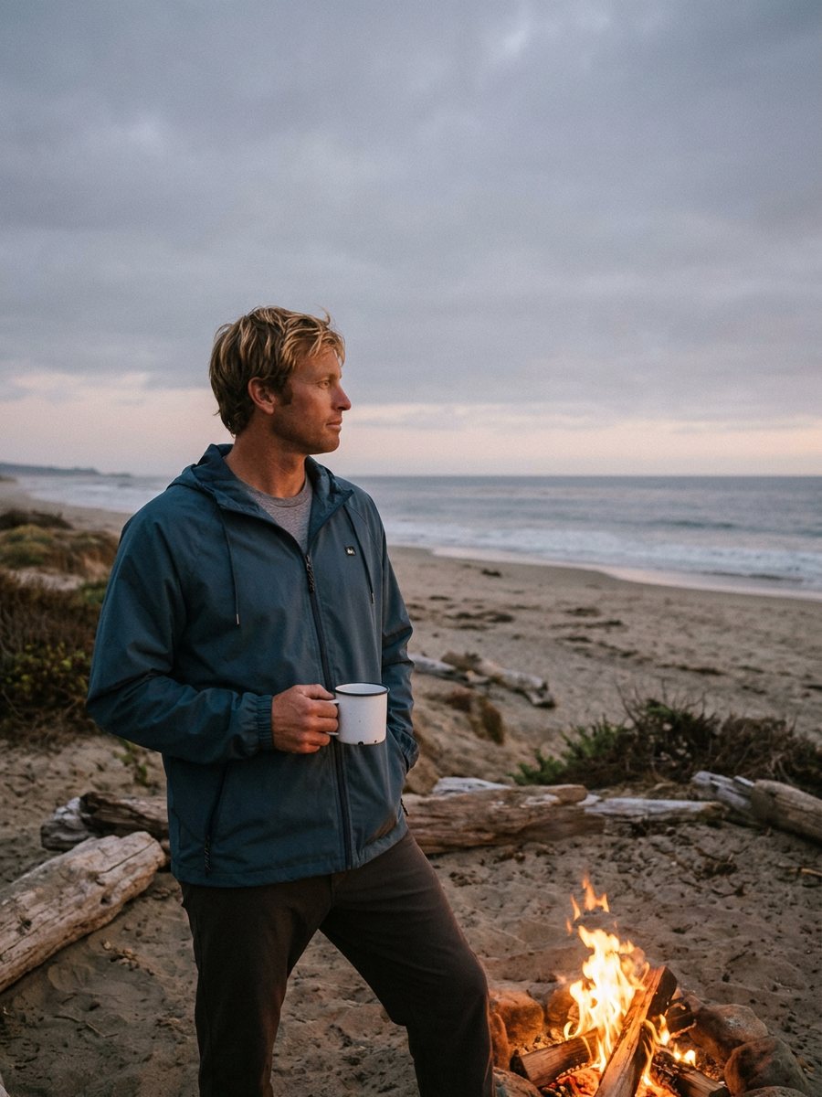 Man in a blue windbreaker holding a camp mug by a beach campfire at dusk