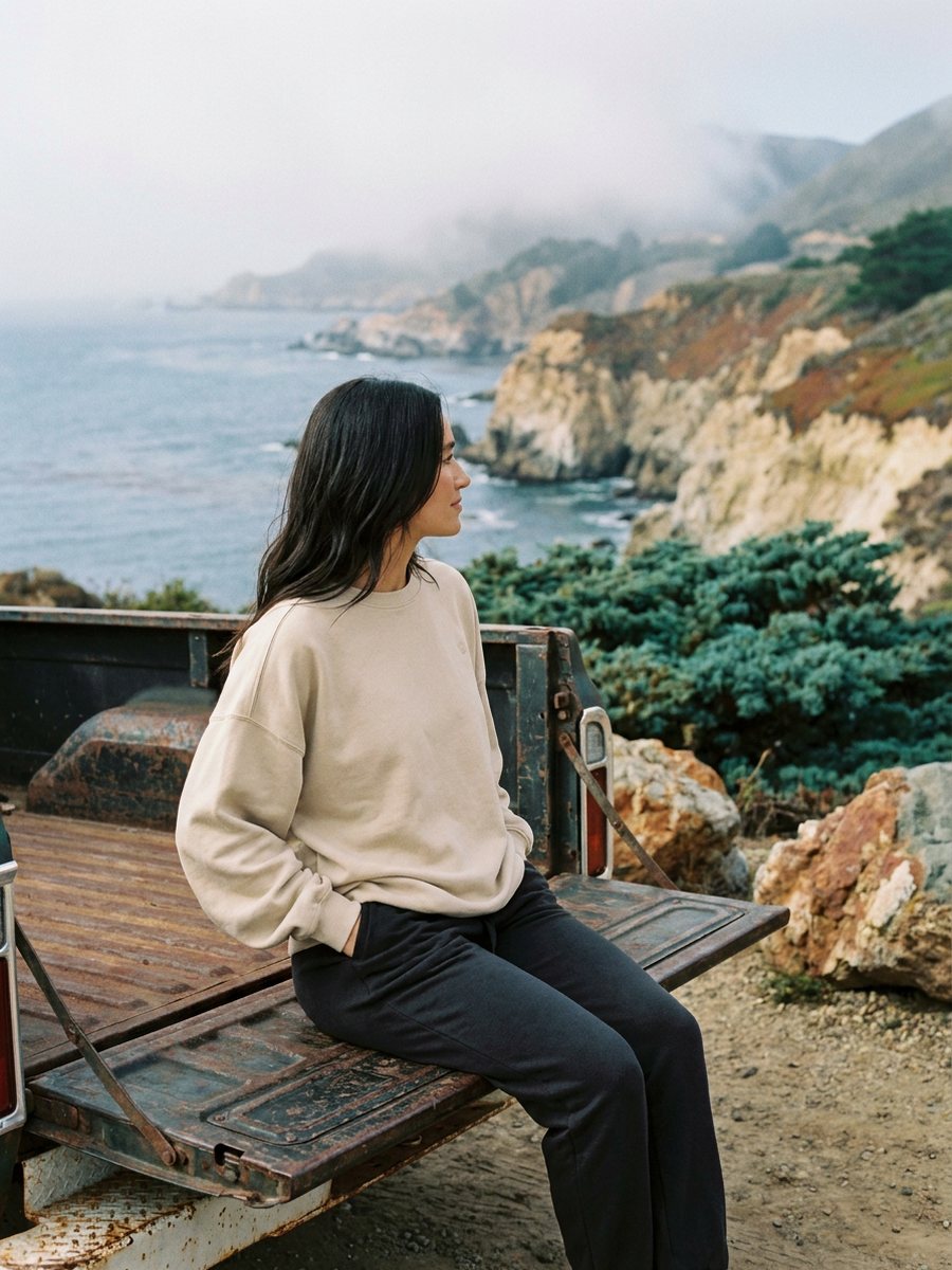 Woman in a crew sweatshirt on a truck tailgate at a coastal lookout