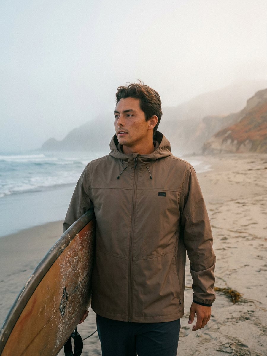 Man in an O'Neill windbreaker carrying a surfboard on a foggy beach
