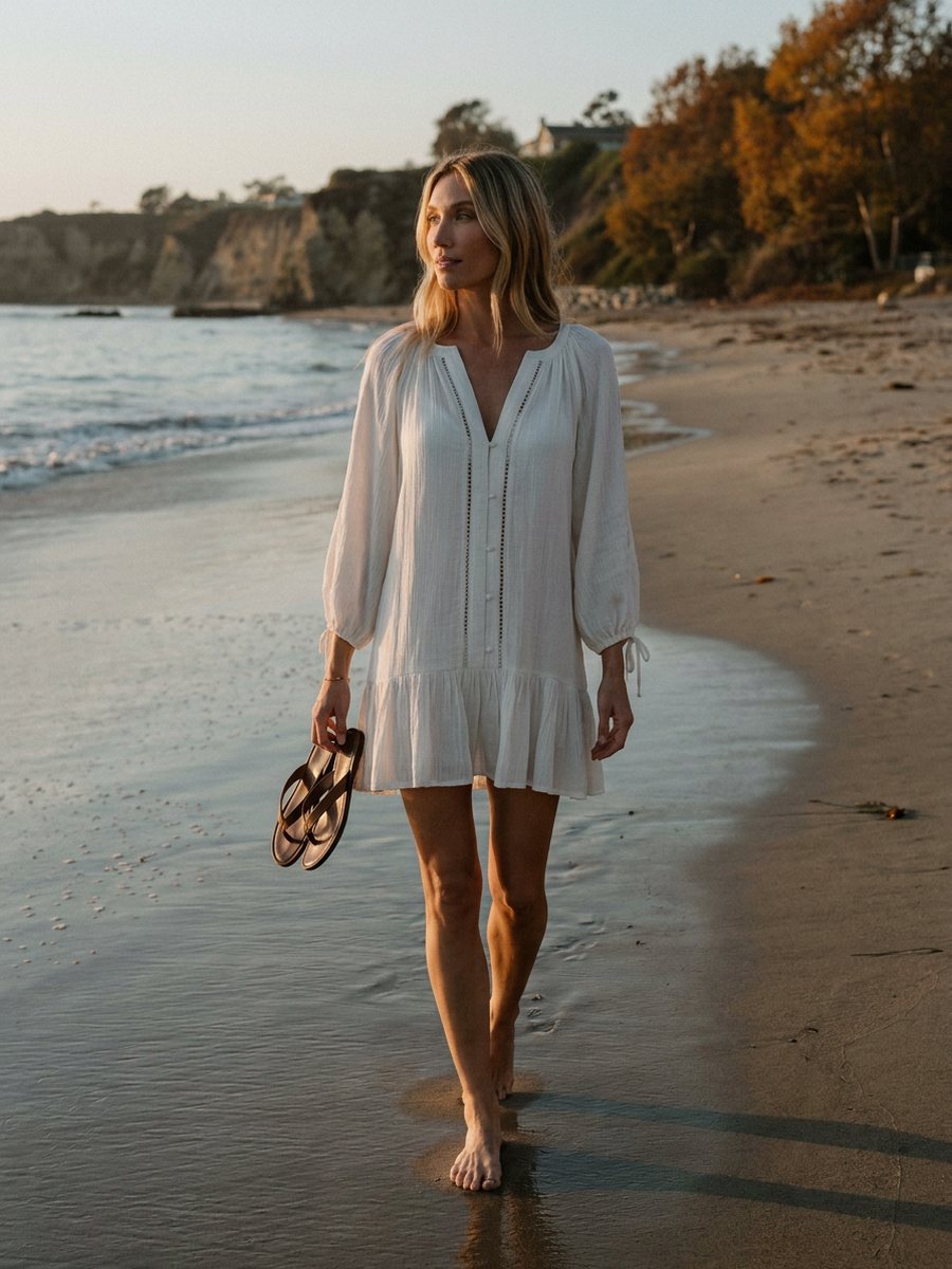 Woman in a white cover-up dress at the water's edge