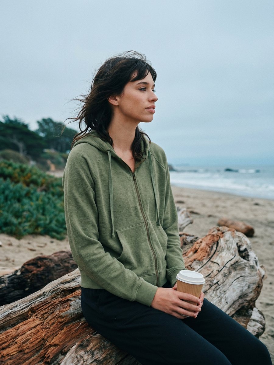 Woman in a zip hoodie on a driftwood log at the beach