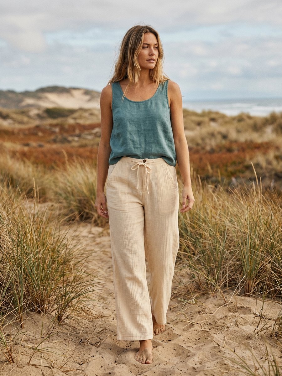 Woman in wide-leg pants on a sandy dune path
