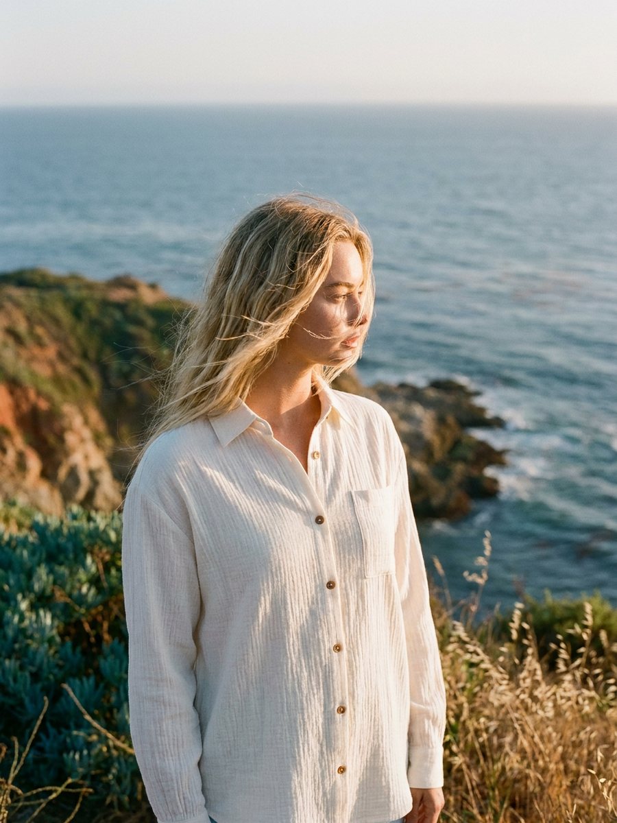 Woman in a long-sleeve top on a coastal bluff at golden hour
