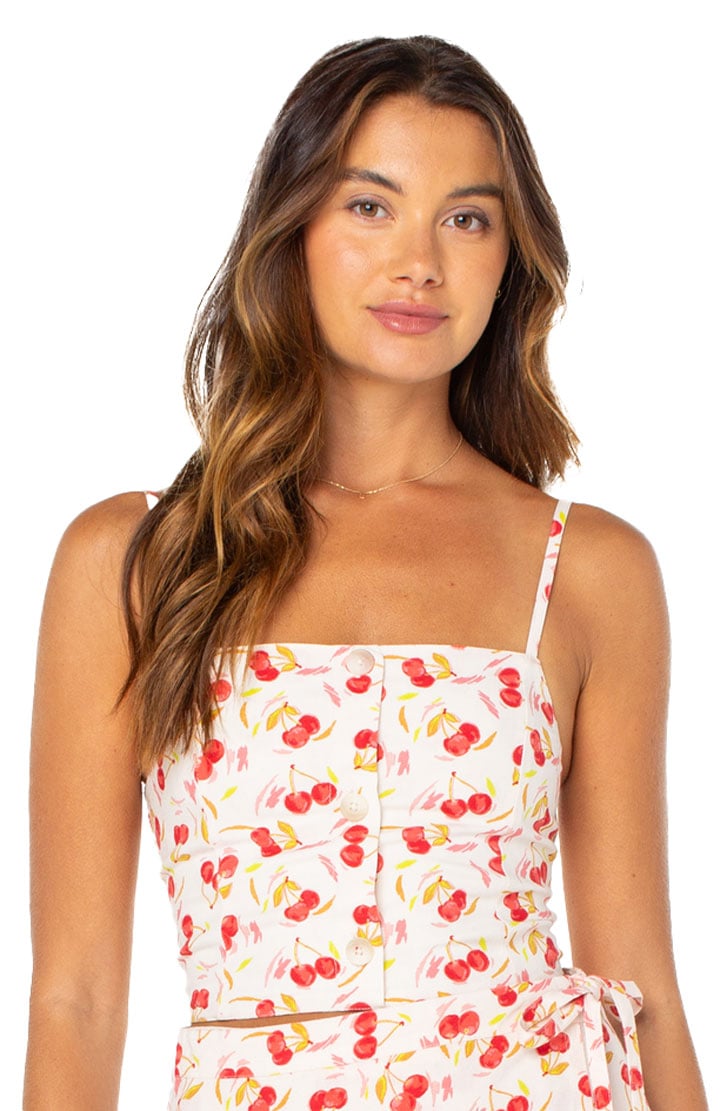 Roxy Women’s Island Sun Top - Cropped Smocked Back Tank, Hibiscus Cherry on Top