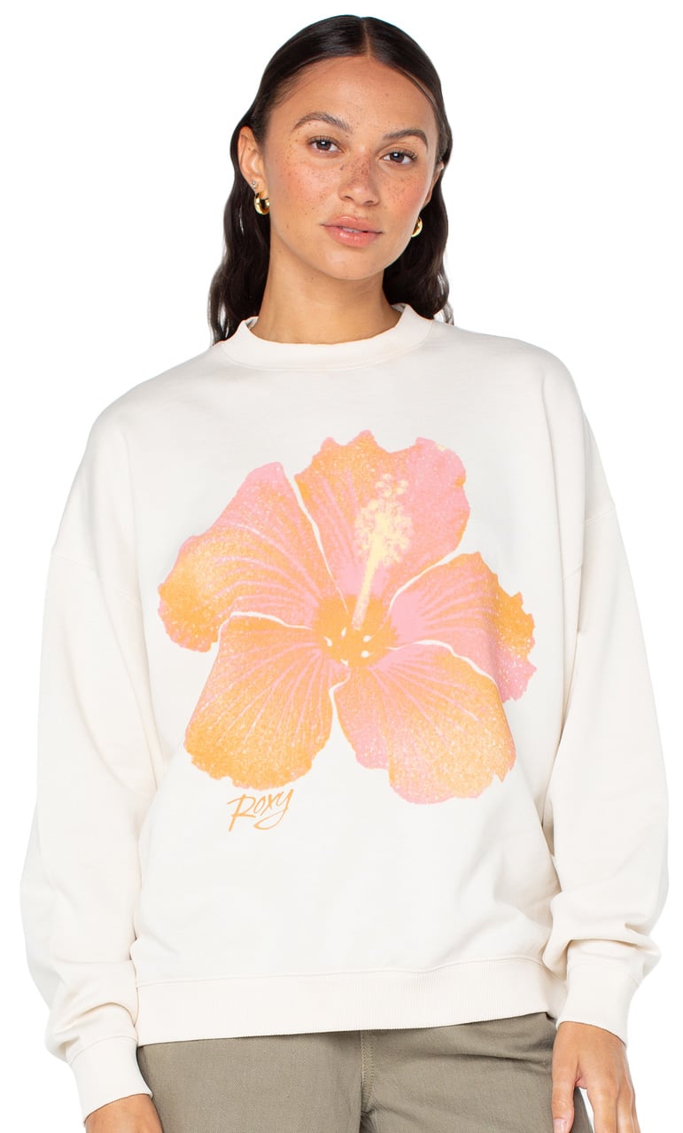 Roxy Lineup Oversized Crew Sweatshirt - Egret Hibiscus Spray