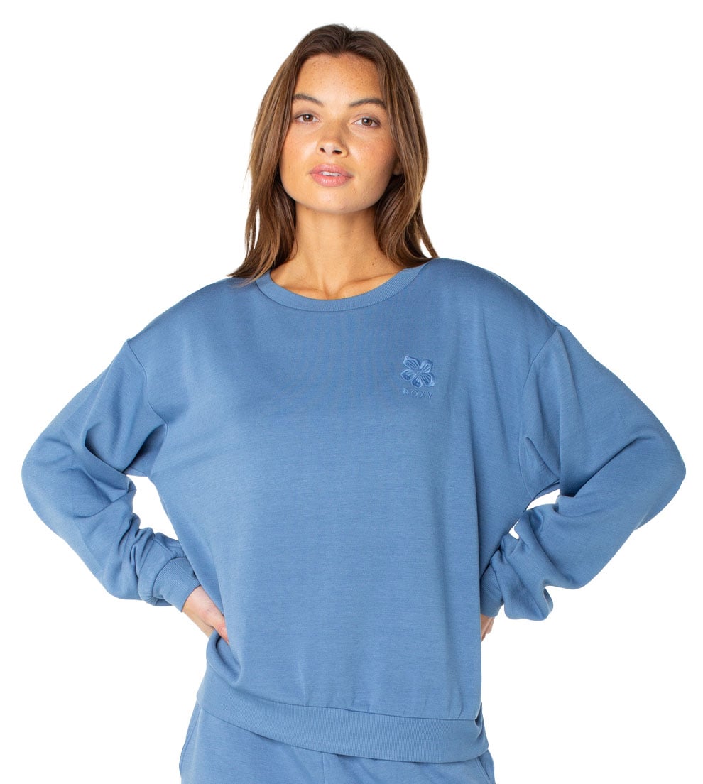 Roxy Surfing By Moonlight Pullover Sweatshirt - Blue Horizon Hibiscus Embroidered