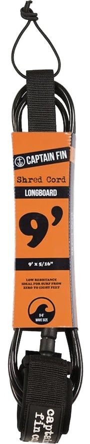 Captain Fin Shred Cord 9' Longboard Surfboard Leash - Black