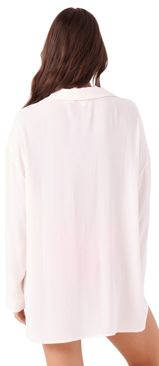 Roxy Solid Crinkle Long Sleeve Women's Cover Up Camp Shirt - Egret – back view
