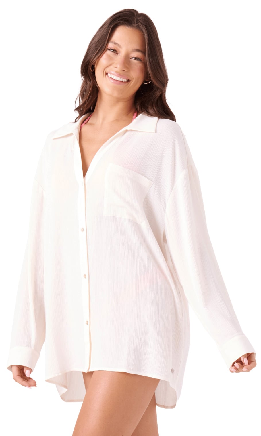 Roxy Solid Crinkle Long Sleeve Women's Cover Up Camp Shirt - Egret – alternate view 1