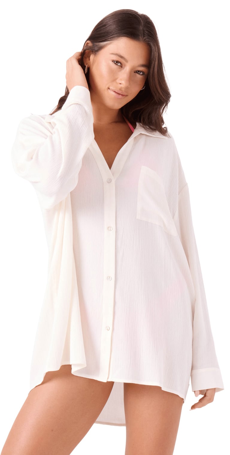 Roxy Solid Crinkle Long Sleeve Women's Cover Up Camp Shirt - Egret