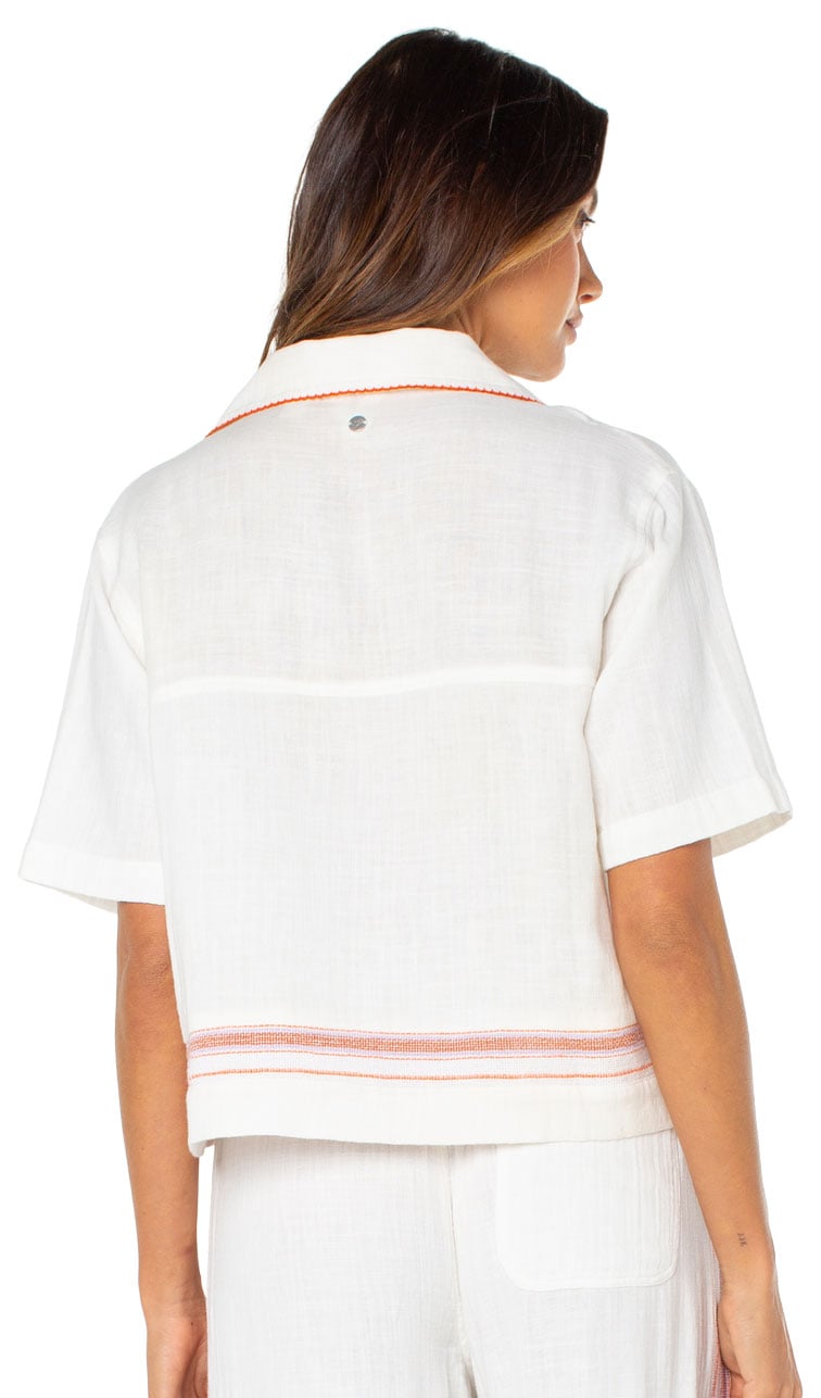 Roxy Fiesta Siesta Women's Long Sleeve Button Down Top - Cloud Dancer Cayo Cocoa Stripe – back view