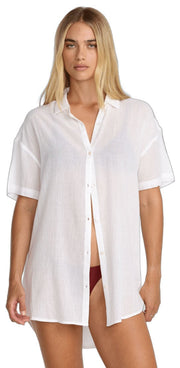 RVCA Women’s Newport Shirt Dress - Short Sleeve Button Front, Whisper White