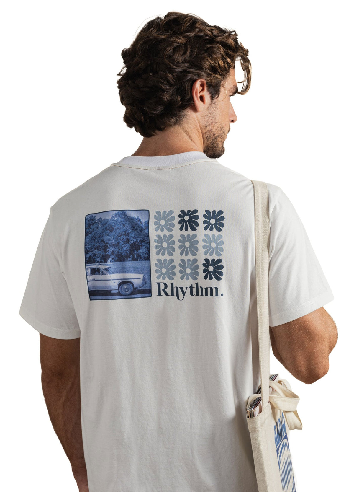 Rhythm High Beaming Vintage Men's Short Sleeve T-Shirt - Off White – back view