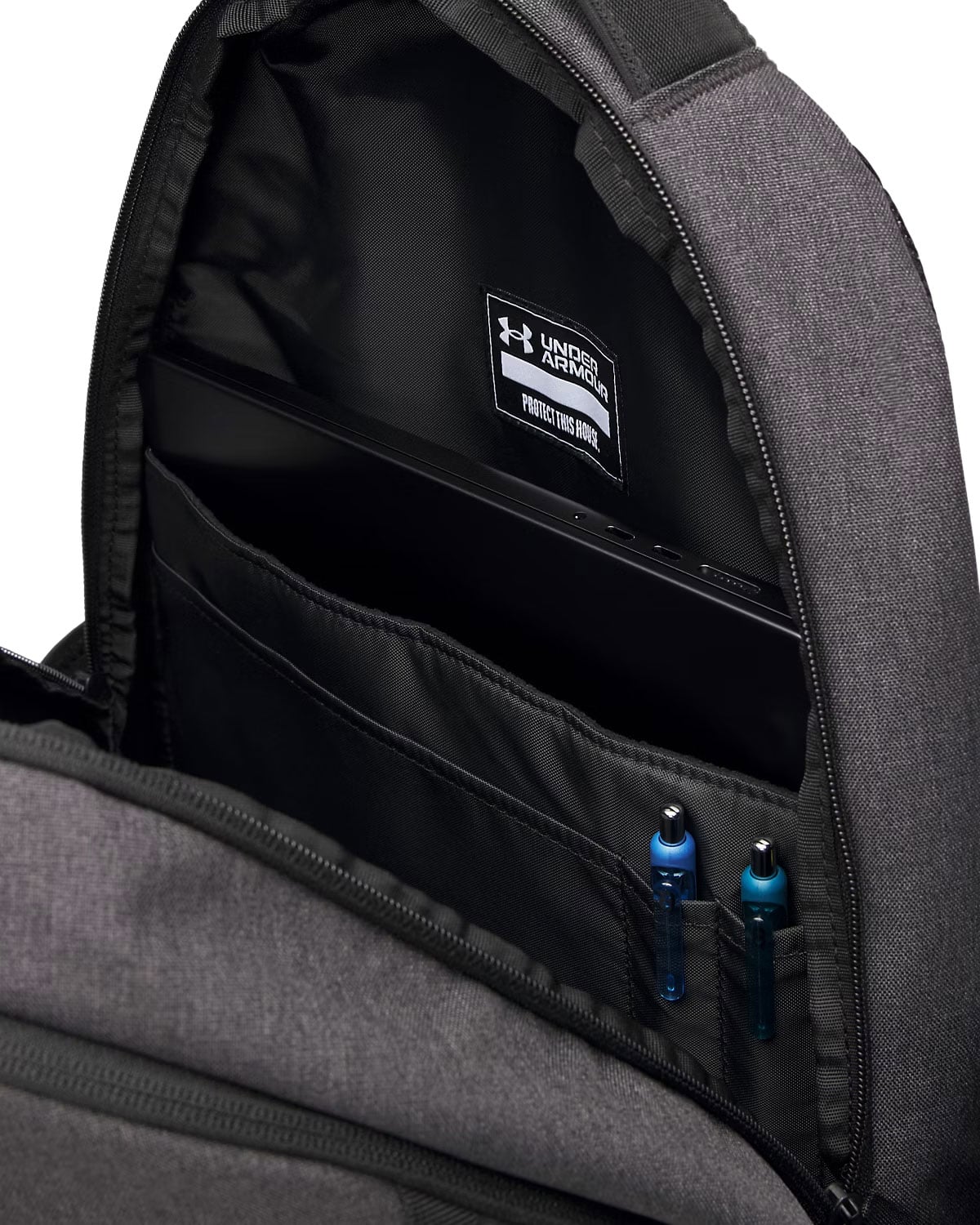 Under Armour Hustle 6.0 29L Backpack - Water-Resistant Laptop Pack, Black Full Heather / Black / Metallic Silver – alternate view 1