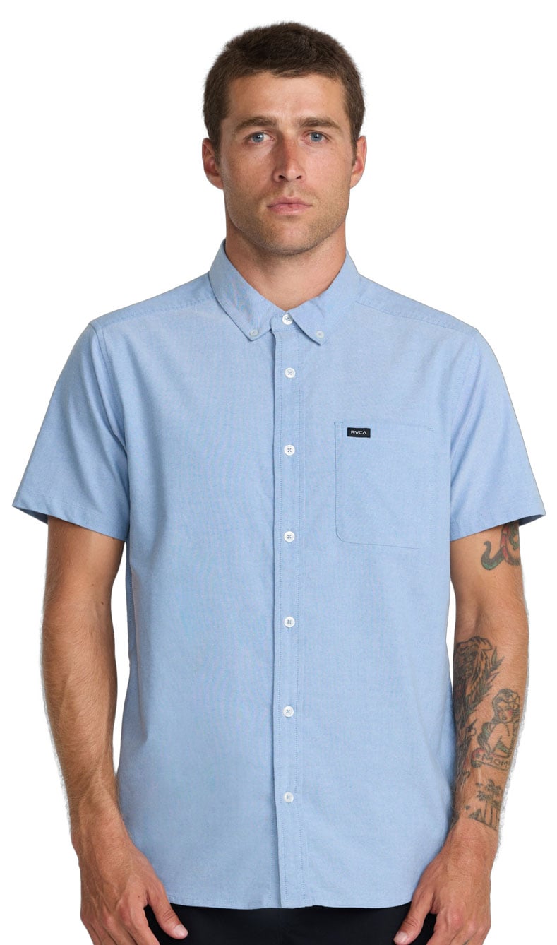 RVCA That'll Do Stretch Short Sleeve Men's Button Down Shirt - Oxford Blue 1