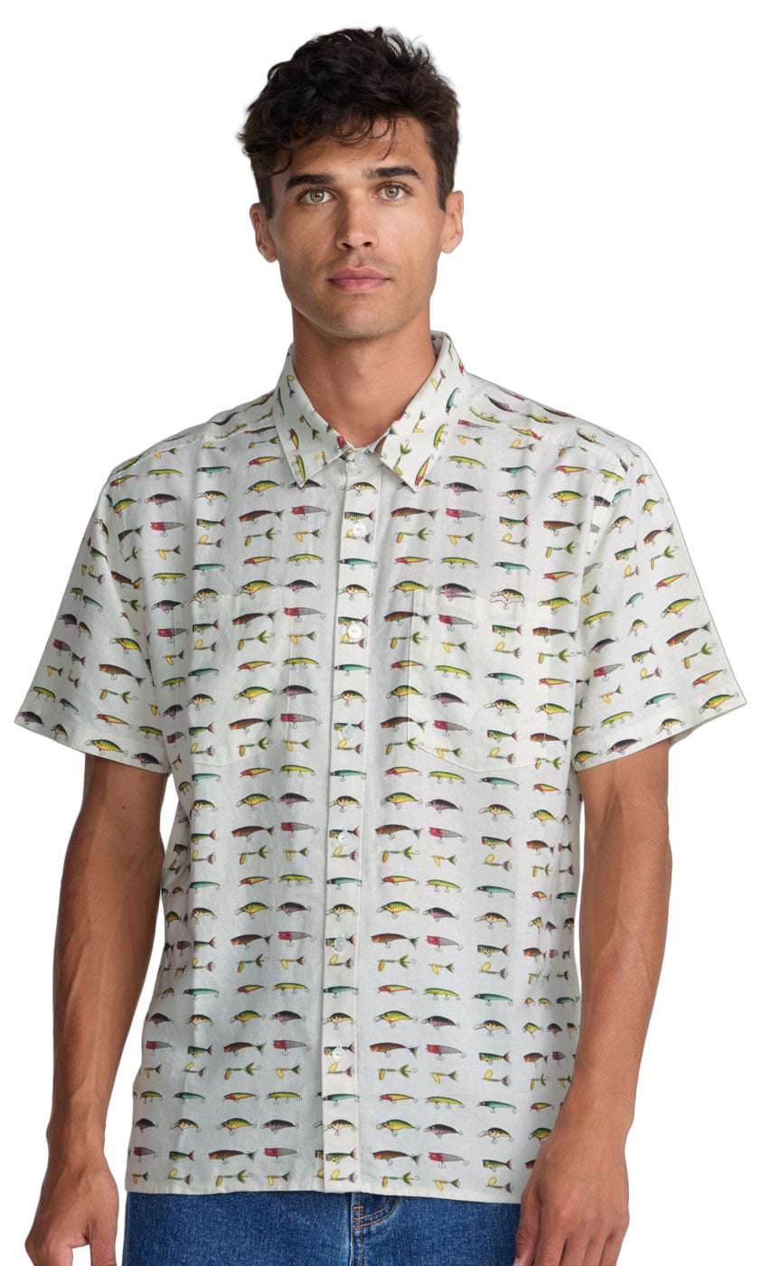 RVCA Tackle Shop Men's Short Sleeve Button Down Shirt - Wheat
