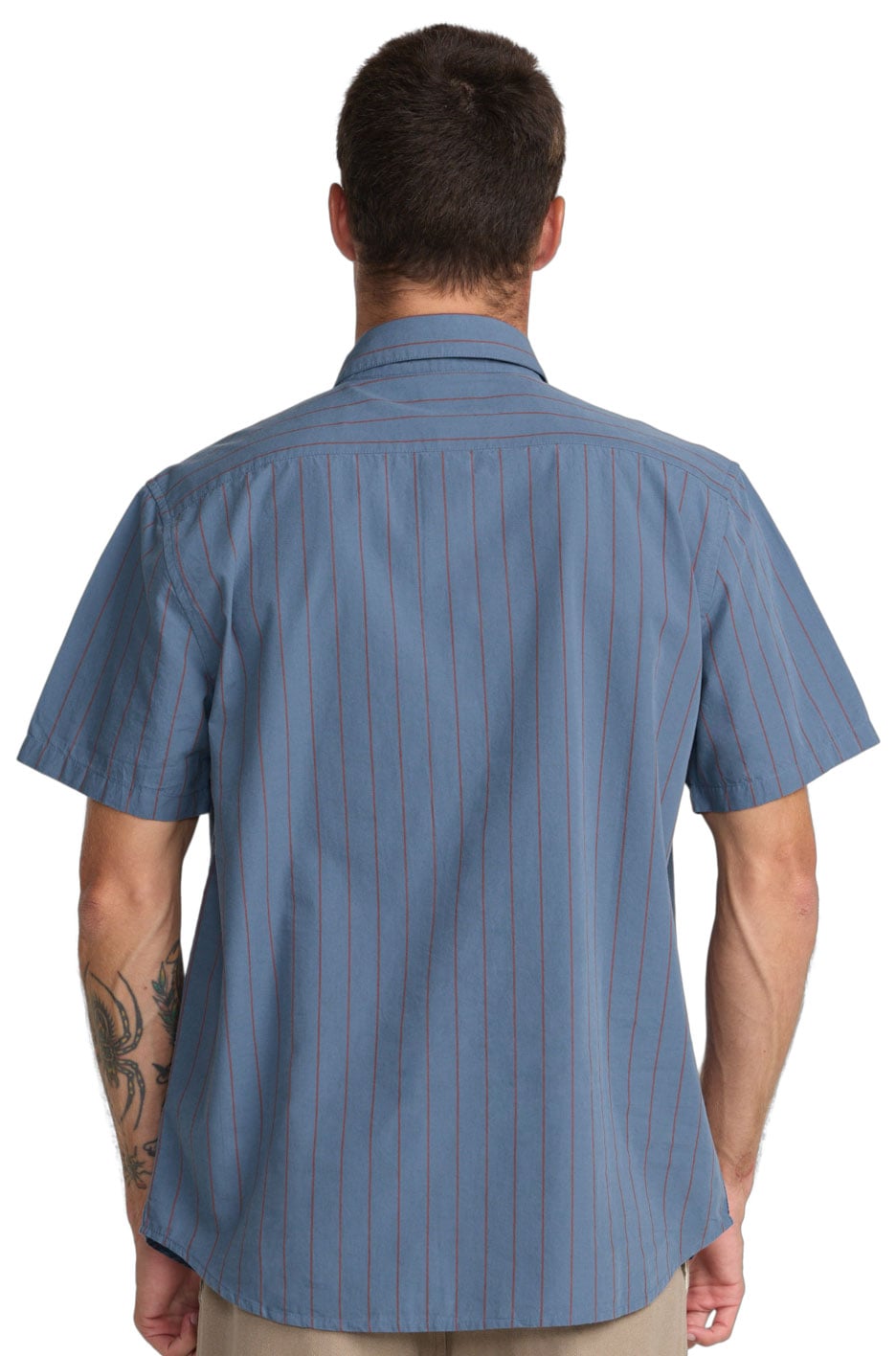 RVCA Dayshift Workwear Stripe Men's Short Sleeve Button Down Shirt - Vintage Navy – back view