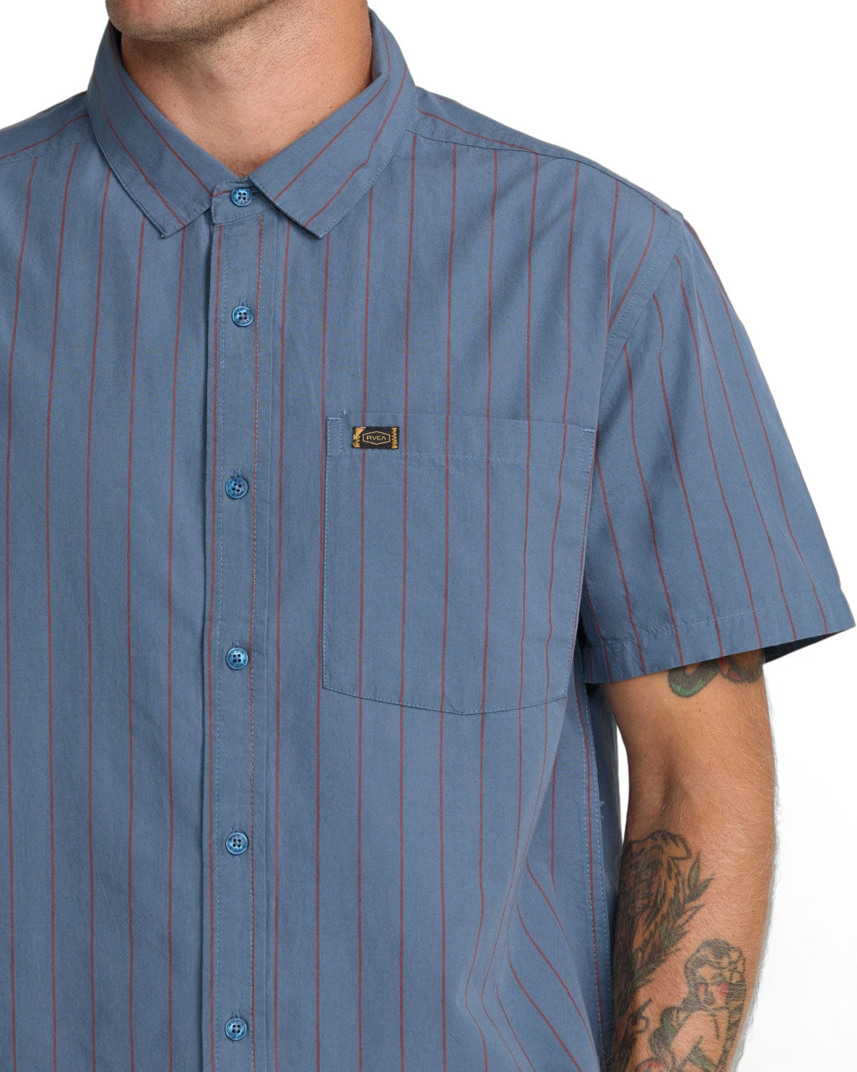 RVCA Dayshift Workwear Stripe Men's Short Sleeve Button Down Shirt - Vintage Navy – alternate view 1