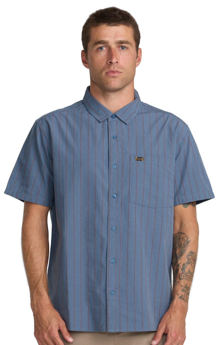 RVCA Dayshift Workwear Stripe Men's Short Sleeve Button Down Shirt - Vintage Navy