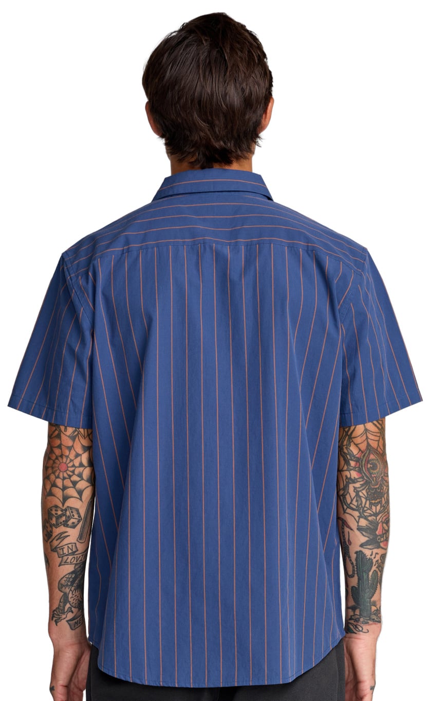RVCA TJP Dayshift Stripe Men's Short Sleeve Button Down Shirt - Moody Blue – back view