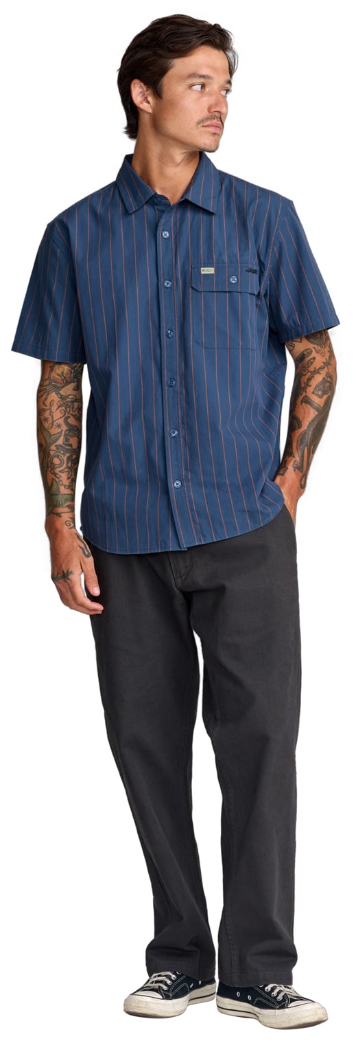 RVCA TJP Dayshift Stripe Men's Short Sleeve Button Down Shirt - Moody Blue – alternate view 1