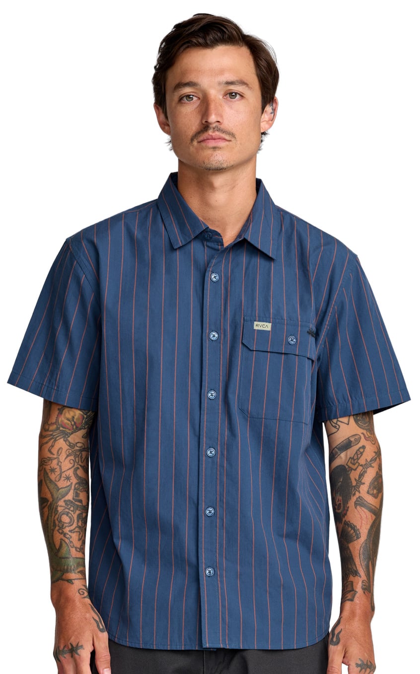 RVCA TJP Dayshift Stripe Men's Short Sleeve Button Down Shirt - Moody Blue
