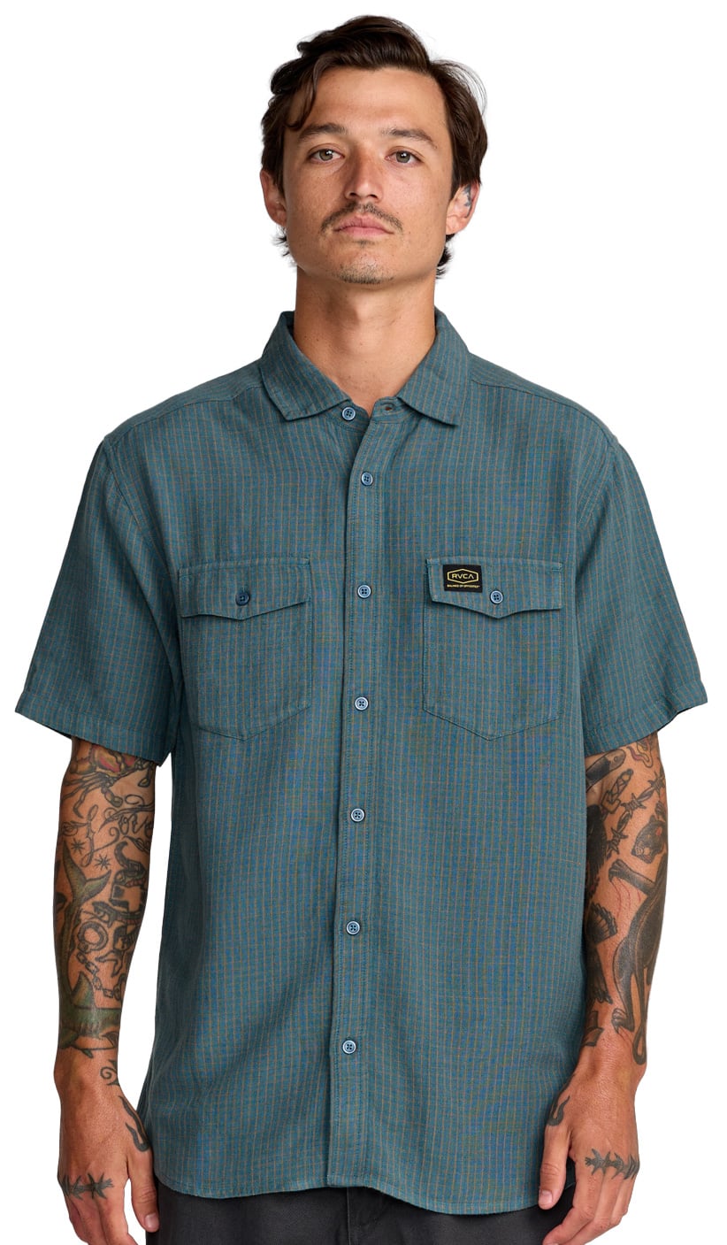 RVCA TJP Dayshift Plaid Men's Short Sleeve Button Down Shirt - Duck Blue