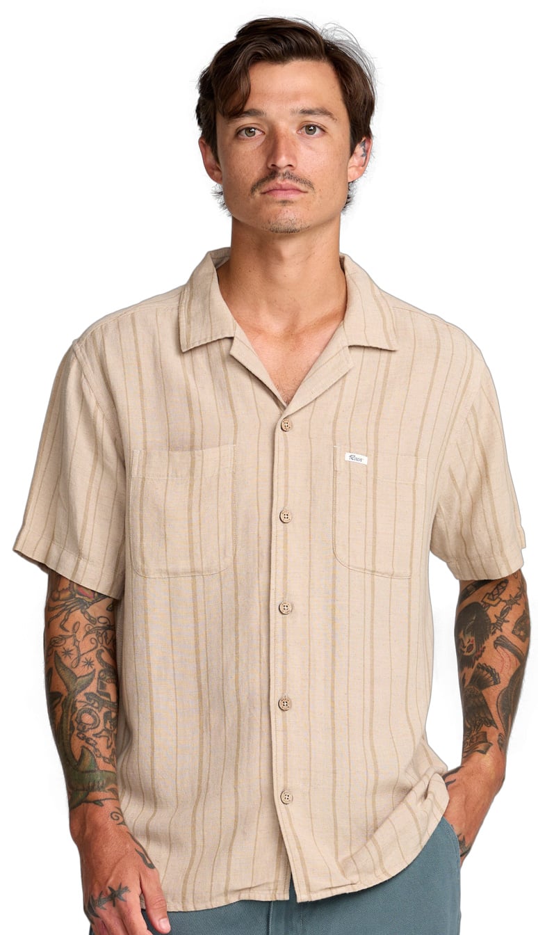 RVCA Exotica Stripe Men's Short Sleeve Button Down Shirt - Light Khaki