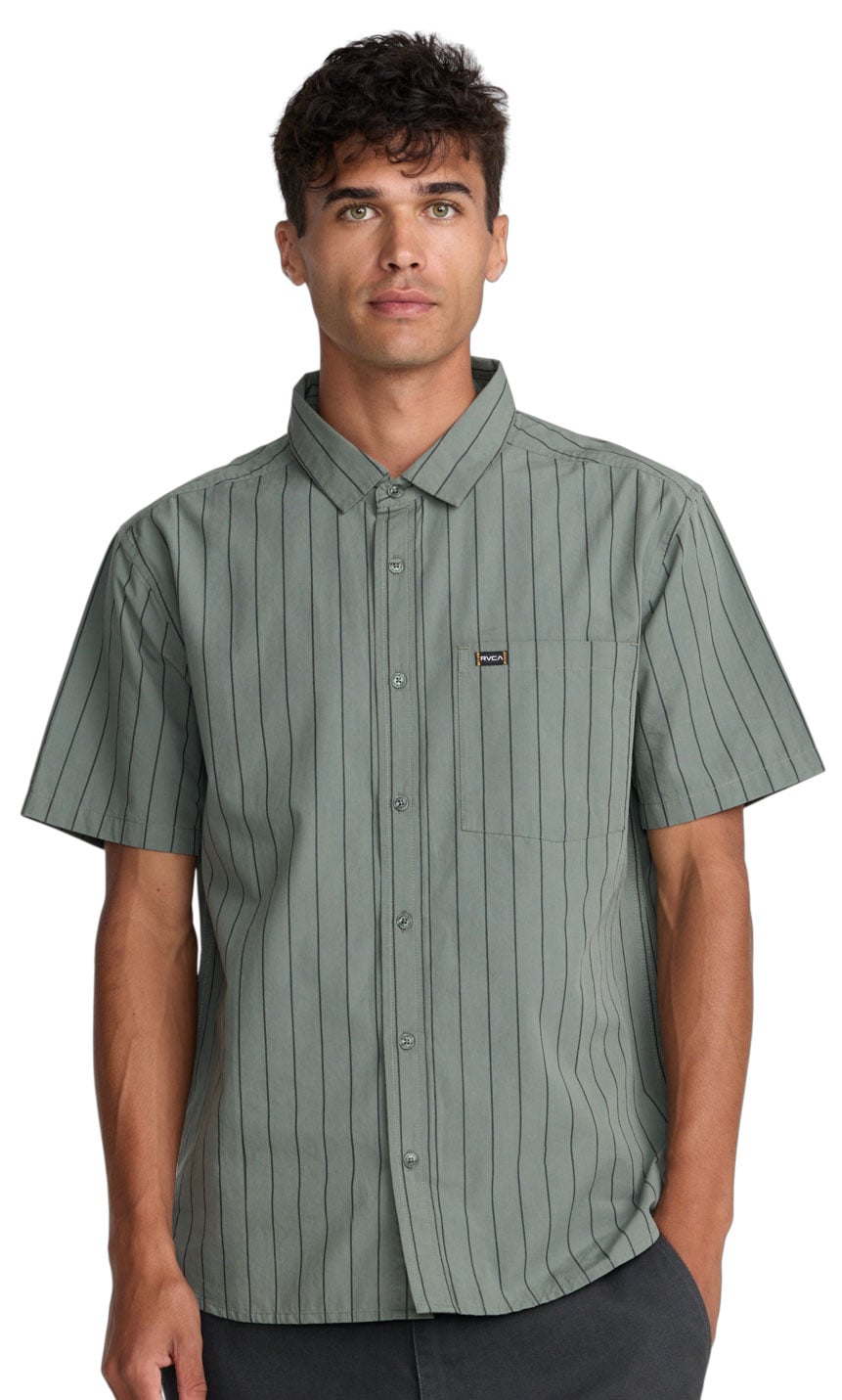 RVCA Dayshift Workwear Stripe Men's Short Sleeve Button Down Shirt - Sage Leaf