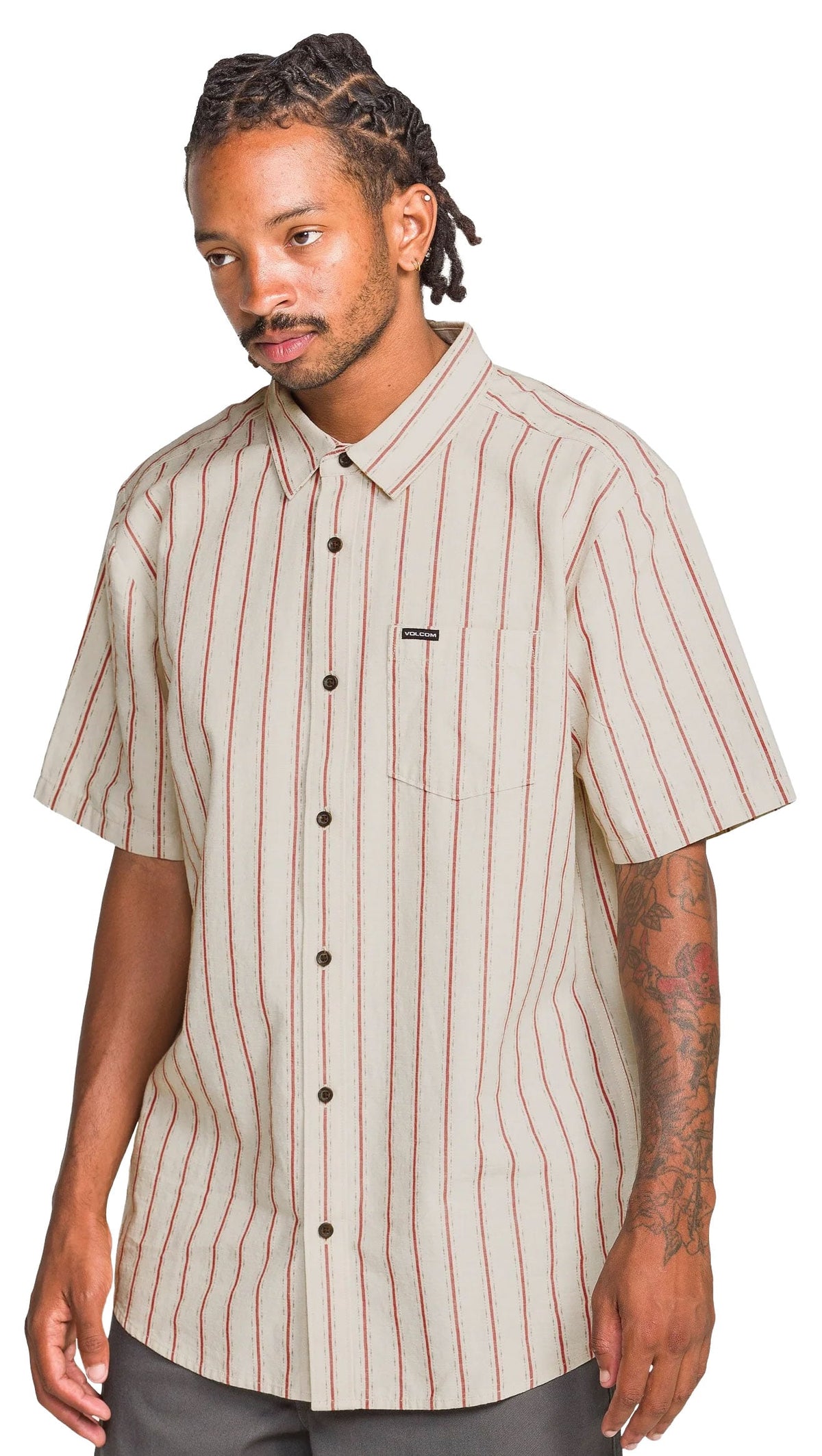 Volcom Sato Strip Men's Short Sleeve Button Down Shirt - Stone