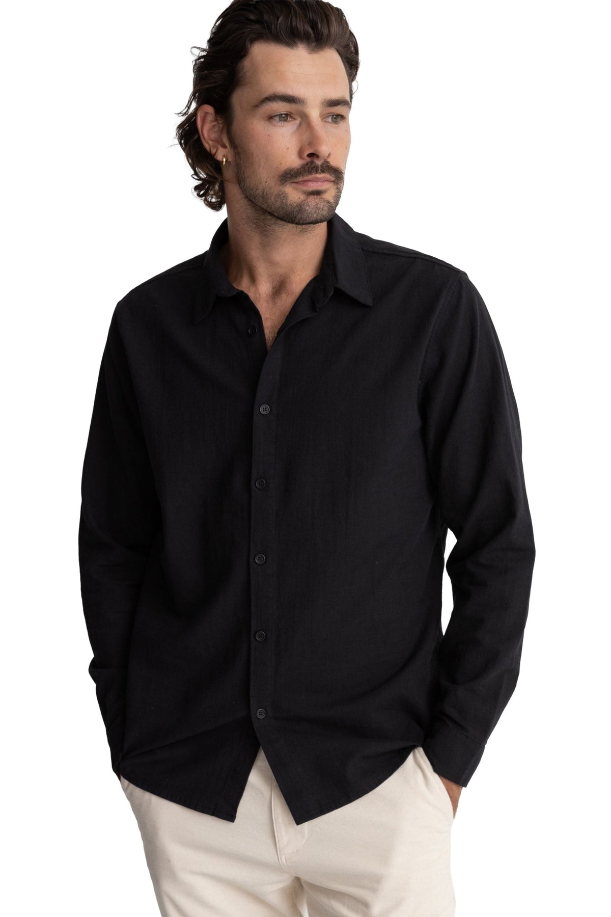 Rhythm Classic Linen Long Sleeve Men's Button Down Shirt - Vintage Black