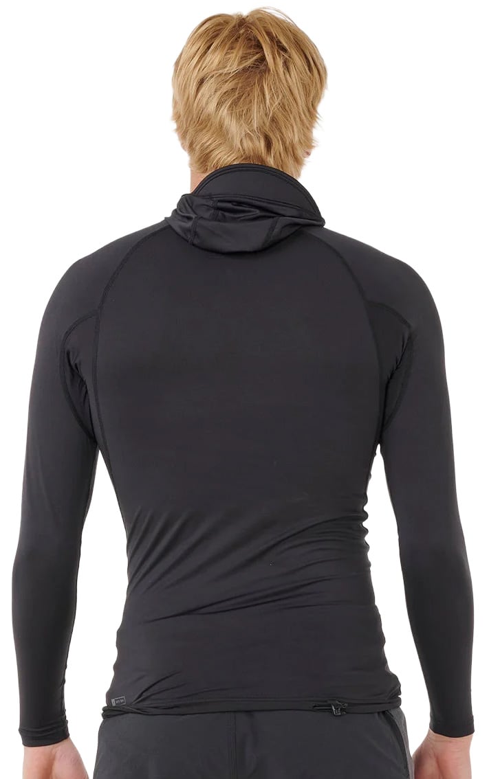 Rip Curl Search UPF Performance Men's Long Sleeve Hooded Rash Guard - Black – back view