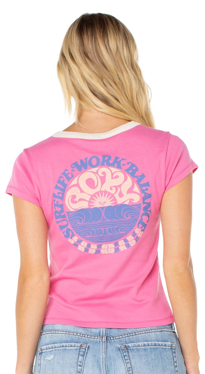 Roxy Surf Life 90's Baby Ringer Women's T-Shirt - Shocking Pink Surf Life – back view